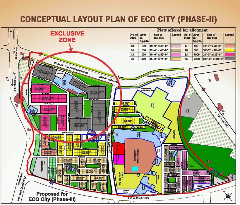 Eco City Phase 2 conceptual layout plan showing residential plots, commercial area and exclusive zone near Chandigarh